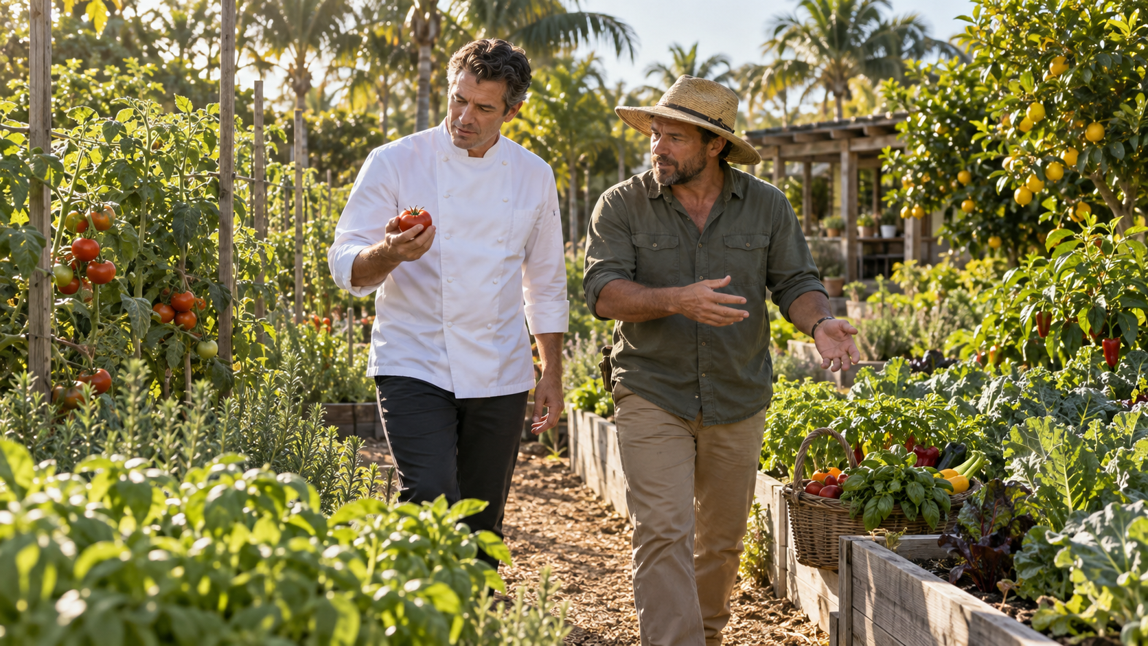 Chef John walking through a South Florida garden with a local grower and discussing fresh seasonal produce