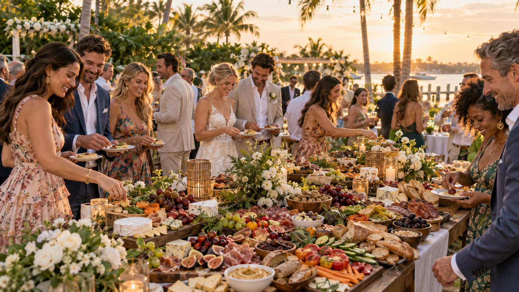 Wedding guests laughing and sharing food around an abundant grazing table at a South Florida waterfront reception
